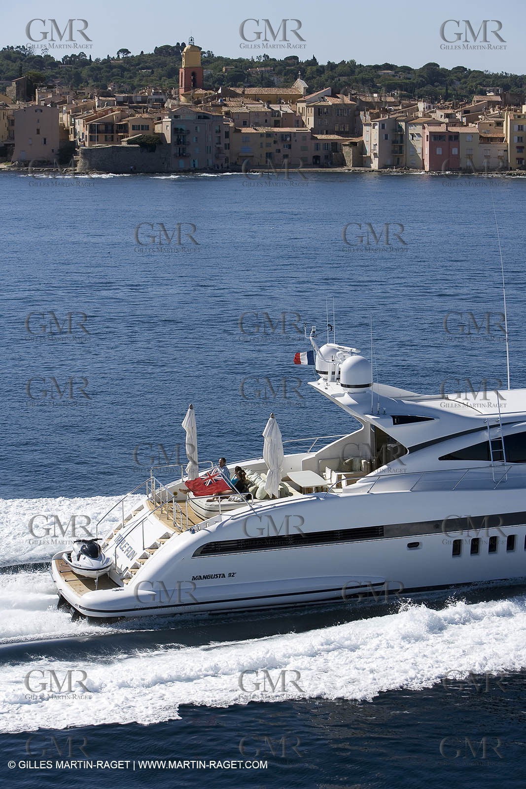 06 09 2007 - Saint Tropez (FRA, 83) - Superyachts - Motoryachts - Mangusta 92 Triple Fun in Saint Tropez - Mooring at Club 55 at Pampelonne Beach