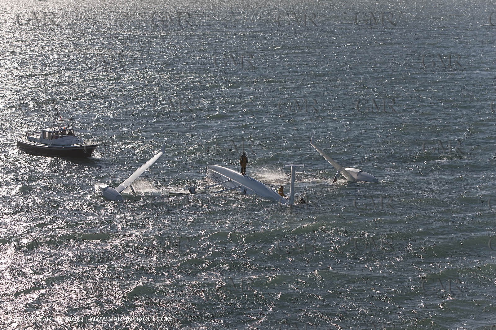 21 12 2008 - Port Saint Louis du Rhône (South of France) - The Hydroptere just after its capsize when trying to beat the overall sailing speed record
