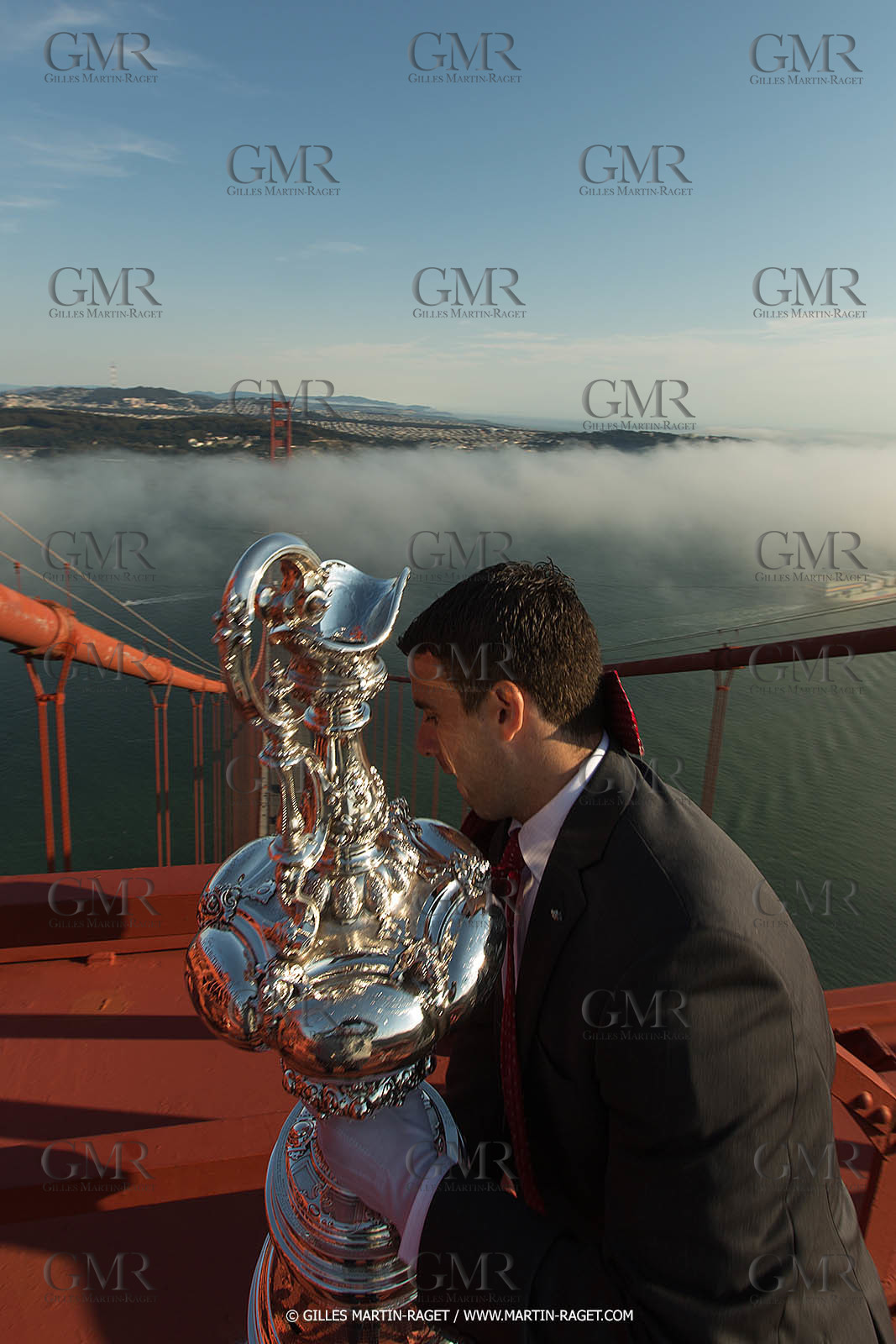 03 07 2013 - San Francisco (USA, CA) - 34th America's Cup - The America's Cup Trophy at the top of Golden Gate Bridge