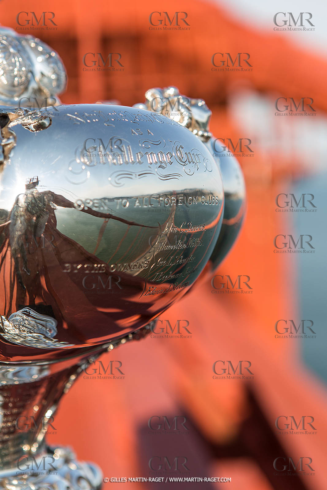 03 07 2013 - San Francisco (USA, CA) - 34th America's Cup - The America's Cup Trophy at the top of Golden Gate Bridge