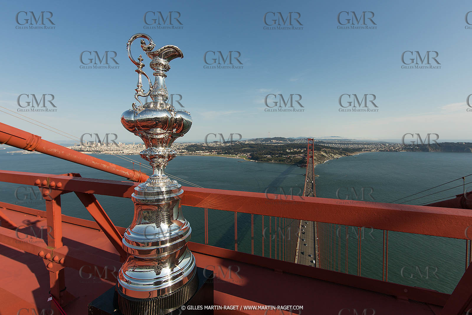03 07 2013 - San Francisco (USA, CA) - 34th America's Cup - The America's Cup Trophy at the top of Golden Gate Bridge