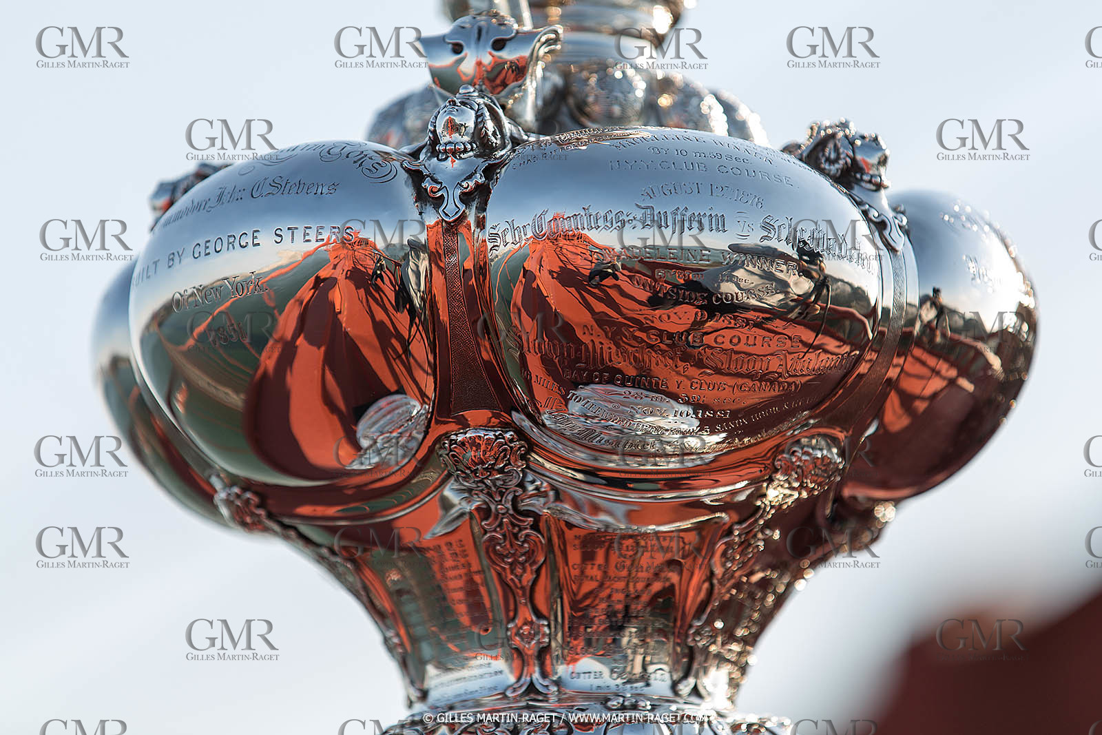 03 07 2013 - San Francisco (USA, CA) - 34th America's Cup - The America's Cup Trophy at the top of Golden Gate Bridge