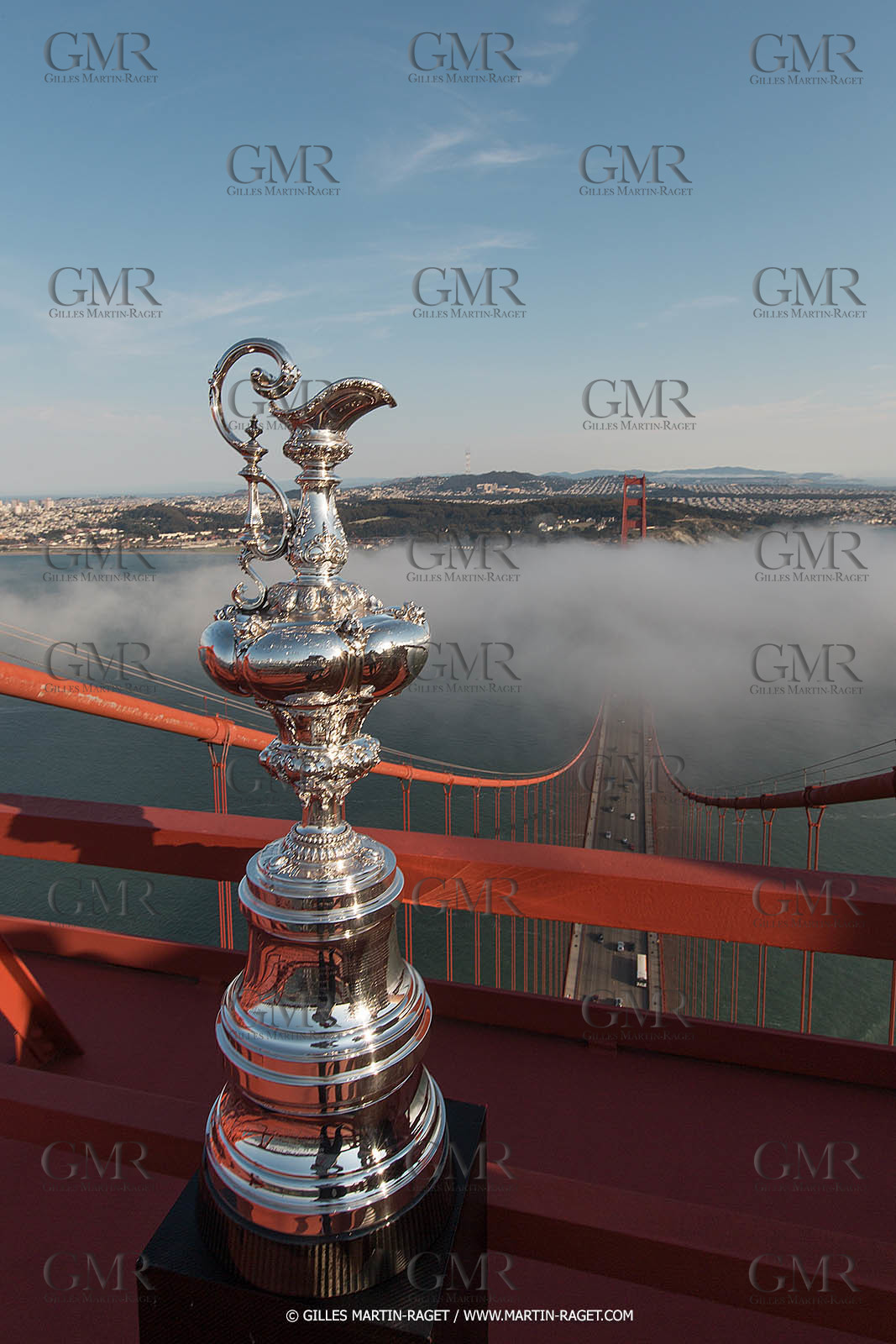 03 07 2013 - San Francisco (USA, CA) - 34th America's Cup - The America's Cup Trophy at the top of Golden Gate Bridge