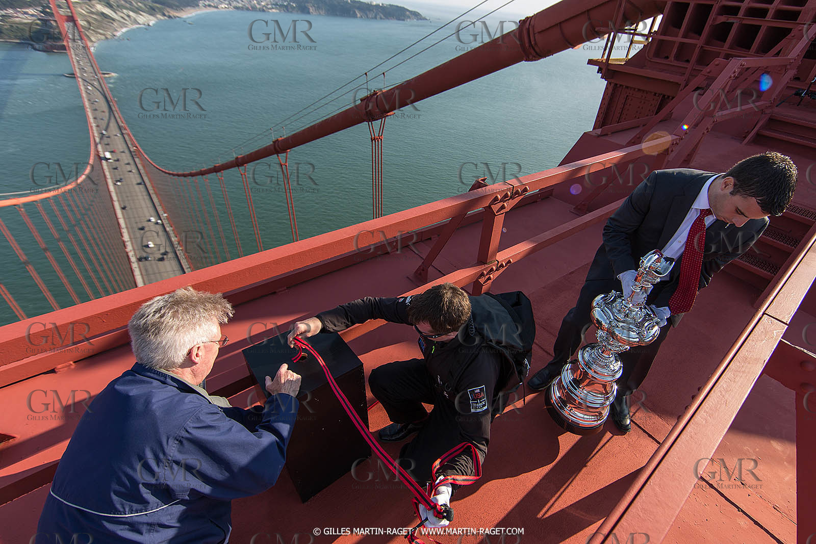 03 07 2013 - San Francisco (USA, CA) - 34th America's Cup - The America's Cup Trophy at the top of Golden Gate Bridge