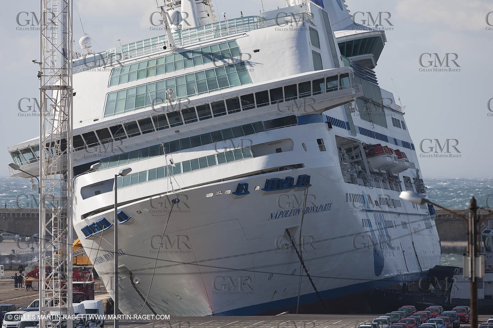 28 10 2012- Marseille (FRA,13) - Mistral force 11 gale - Ferry Napoleon Bonaparte has been damaged after its docking lines broke. The ship hit a quay and 2 watertight compartments have been submersed.