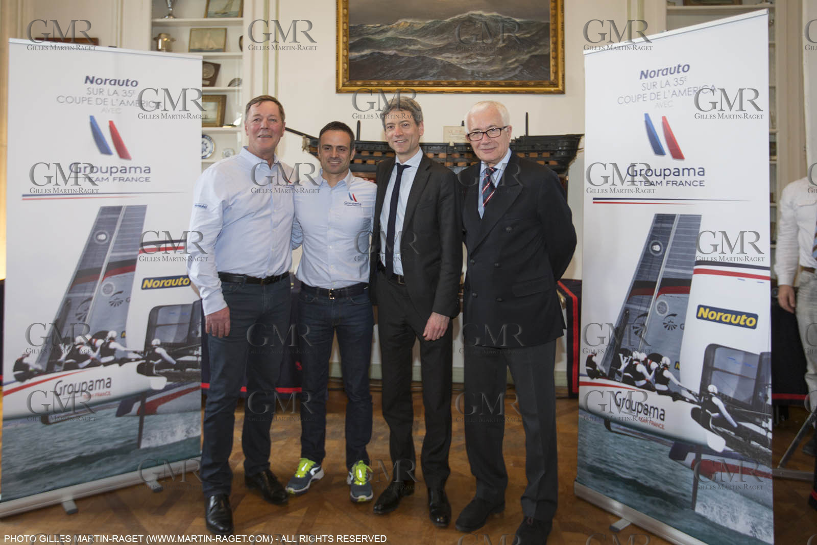 22 02 2016, Paris (FRA), 35th America's Cup, Groupama Team France announces Norauto as official partner at Yacht Club de France, Thibault Derville (Norauto), Franck Cammas, Sylvain Burel (Dir. Com. Groupama), Yves Lagagne (Pdt YCF)