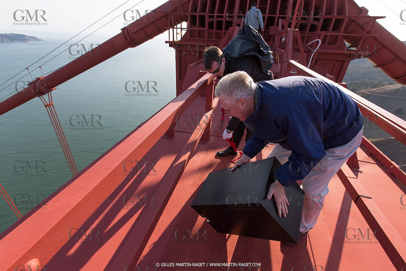 03 07 2013 - San Francisco (USA, CA) - 34th America's Cup - The America's Cup Trophy at the top of Golden Gate Bridge