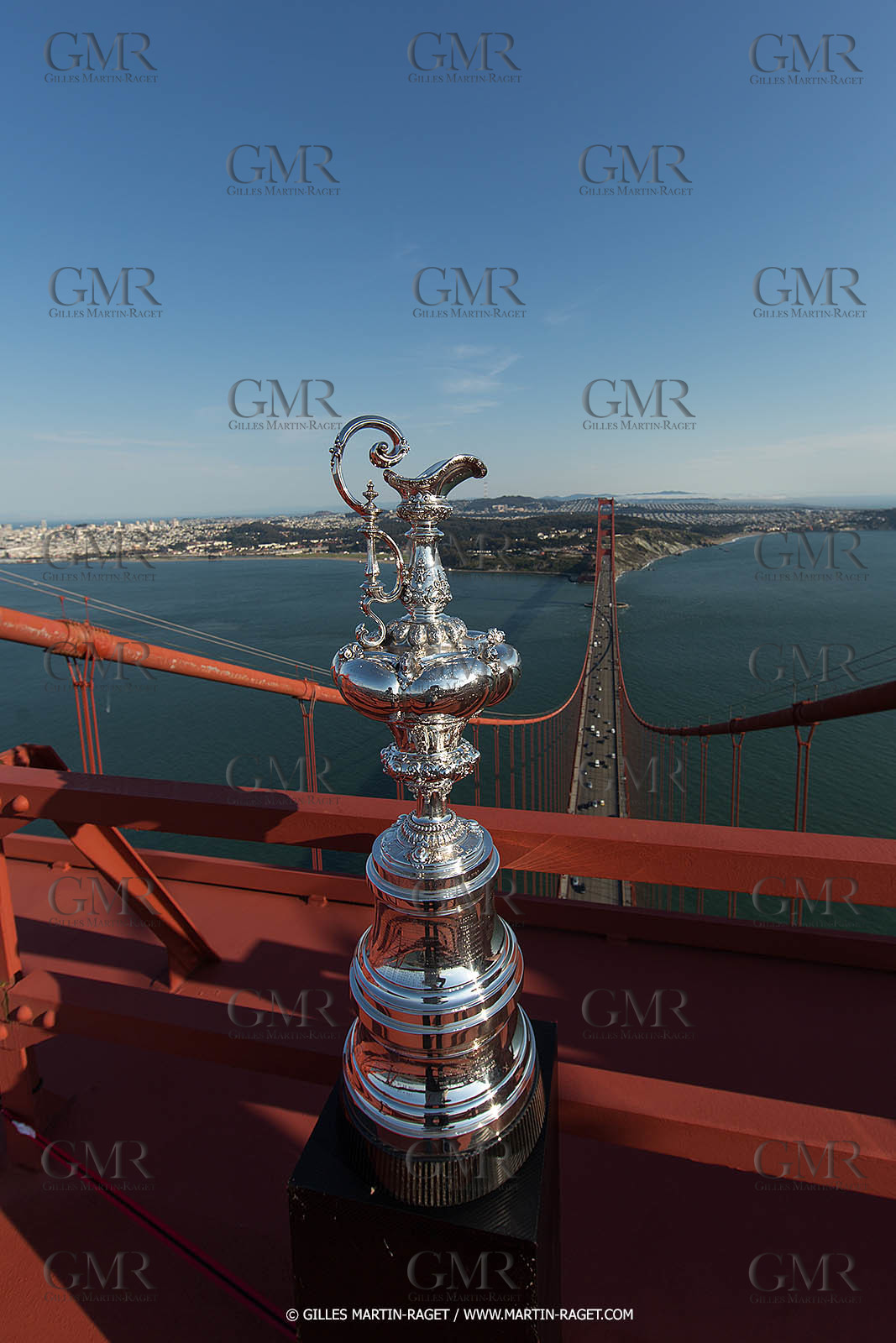 03 07 2013 - San Francisco (USA, CA) - 34th America's Cup - The America's Cup Trophy at the top of Golden Gate Bridge