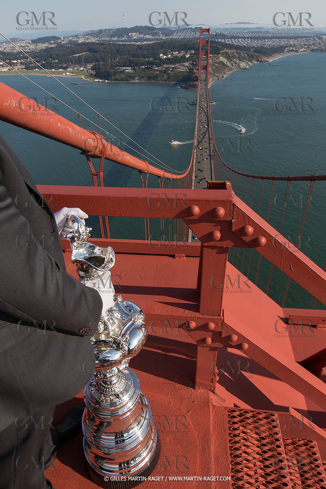 03 07 2013 - San Francisco (USA, CA) - 34th America's Cup - The America's Cup Trophy at the top of Golden Gate Bridge