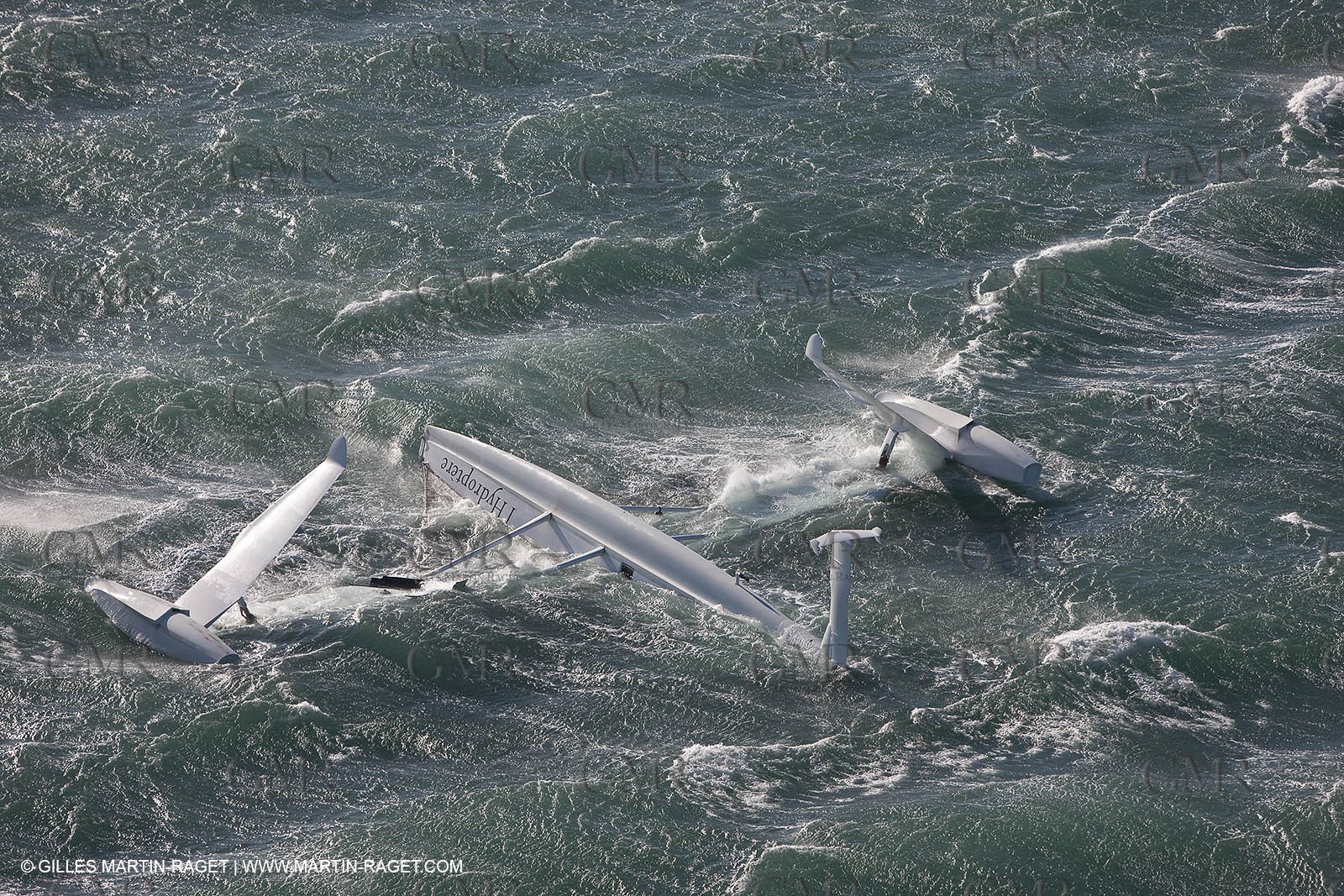 21 12 2008 - Port Saint Louis du Rhône (South of France) - The Hydroptere just after its capsize when trying to beat the overall sailing speed record