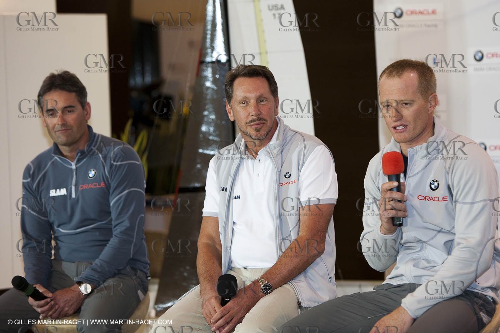 04 02 2010 - Valencia (ESP) - 33rd America's Cup - BMW ORACLE Racing - Media Day - R Coutts - L J Ellison  - J Spitihill