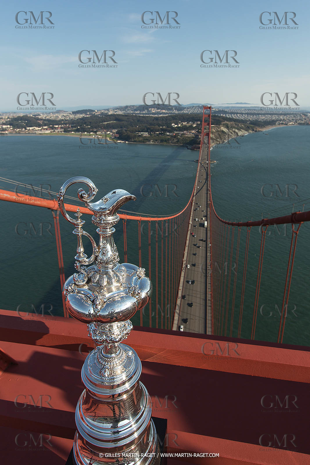 03 07 2013 - San Francisco (USA, CA) - 34th America's Cup - The America's Cup Trophy at the top of Golden Gate Bridge