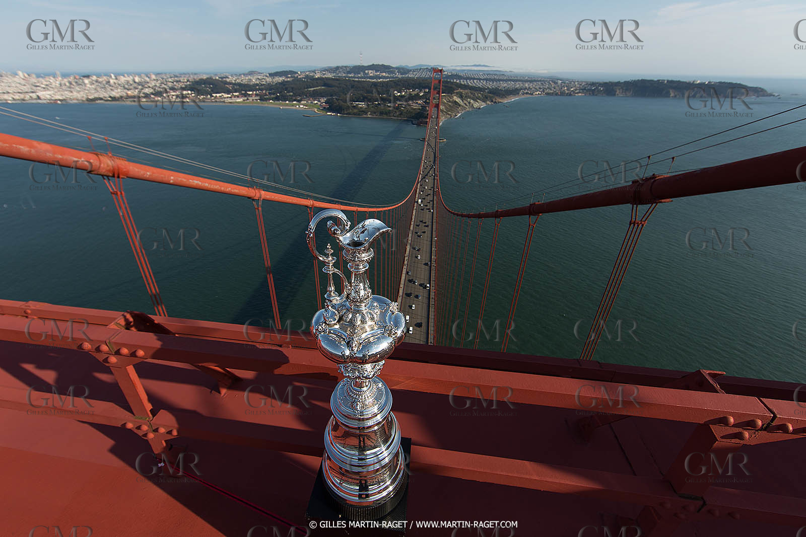 03 07 2013 - San Francisco (USA, CA) - 34th America's Cup - The America's Cup Trophy at the top of Golden Gate Bridge