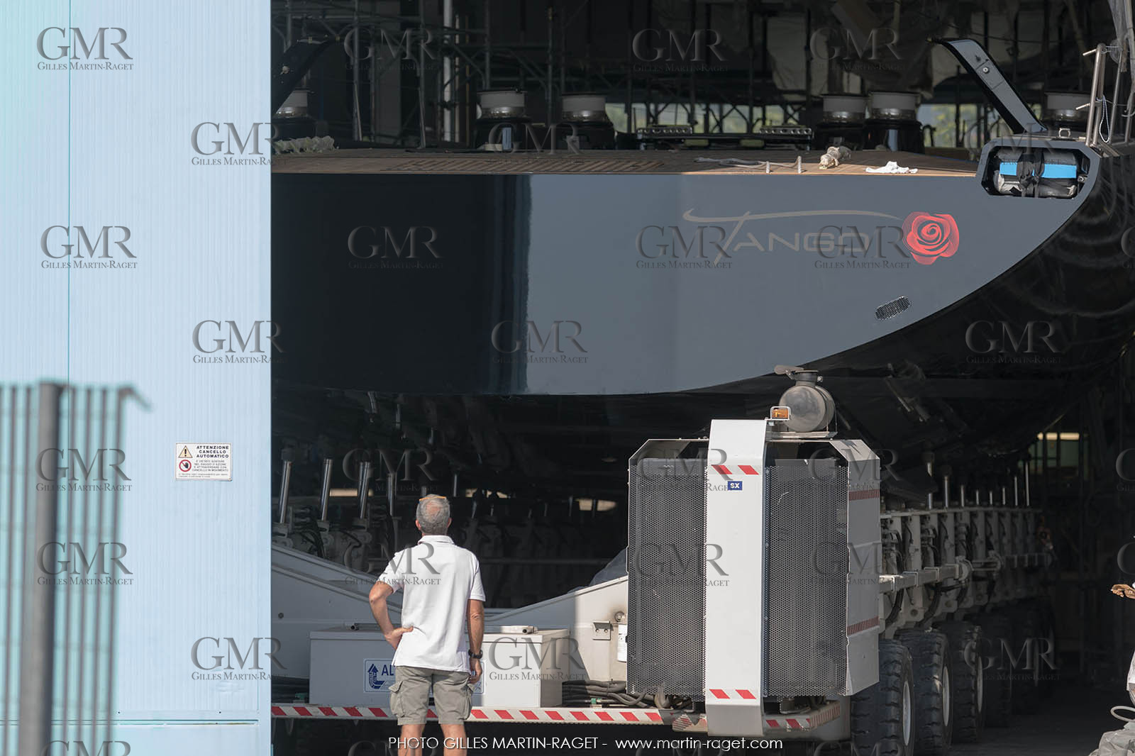 22 07 2017, Savona (ITA), Wally Cento Tango going out of the shed, Photo Gilles Martin-Raget