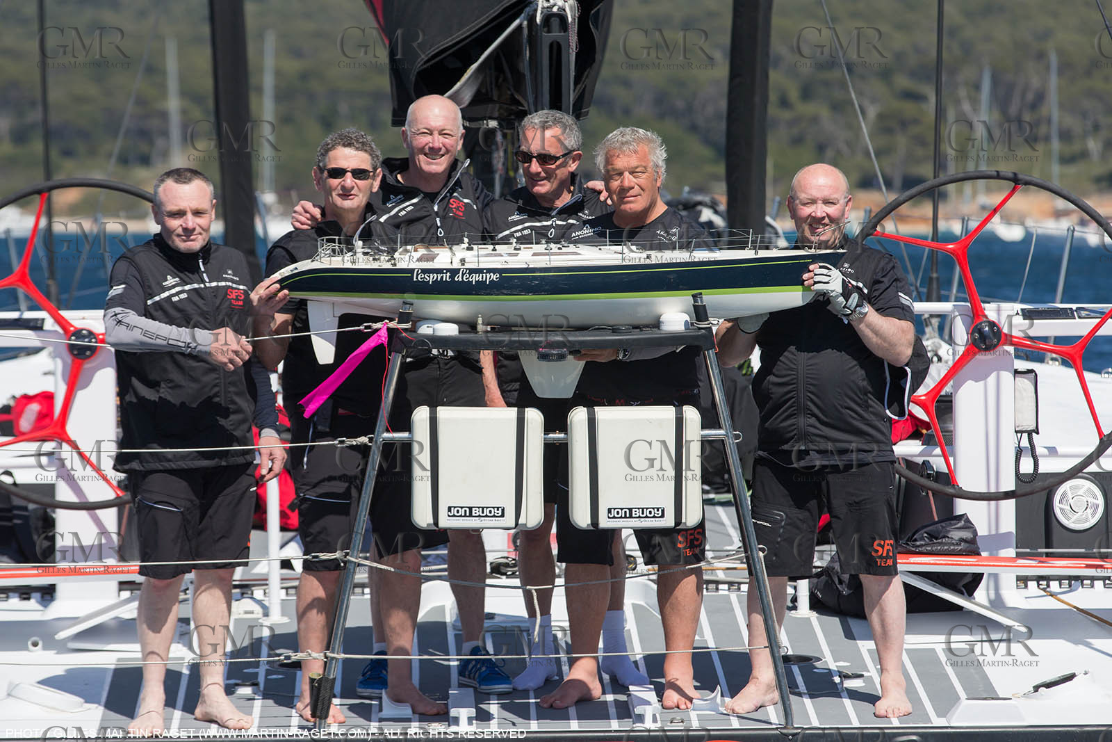 05 05 2016, Porquerolles (FRA,83), Semaine de Porquerolles, célébration des 30 and de lla victoire de l'Esprit d'Equipe dans la Whitbread, l'équipage se retrouve à bord du maxi SFS skippé par Lionel Péan