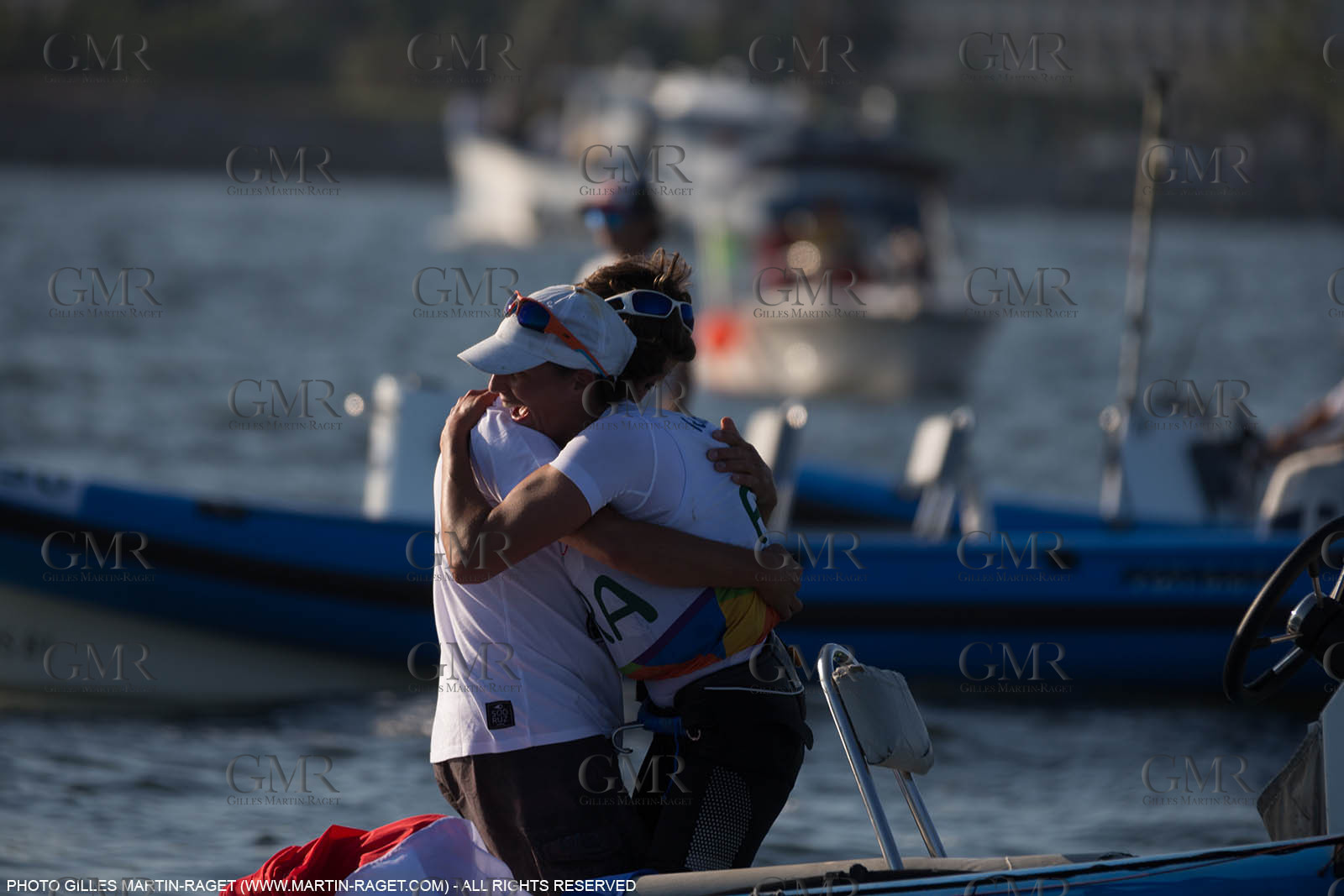 14 08 2016, Rio de Janeiro (BRA), 2016 Olympic Games, Sailing, RSX Women medal race, Charline Picon, gold medalist and her coach Cédric Leroy