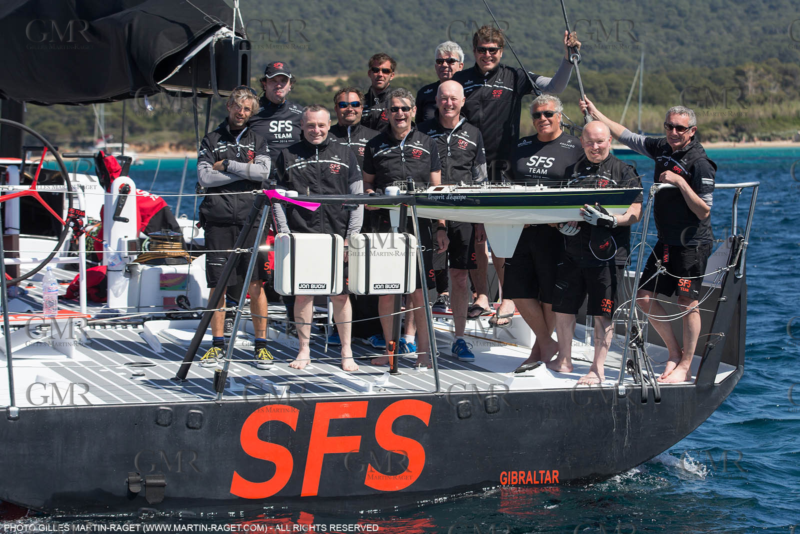 05 05 2016, Porquerolles (FRA,83), Semaine de Porquerolles, célébration des 30 and de lla victoire de l'Esprit d'Equipe dans la Whitbread, l'équipage se retrouve à bord du maxi SFS skippé par Lionel Péan